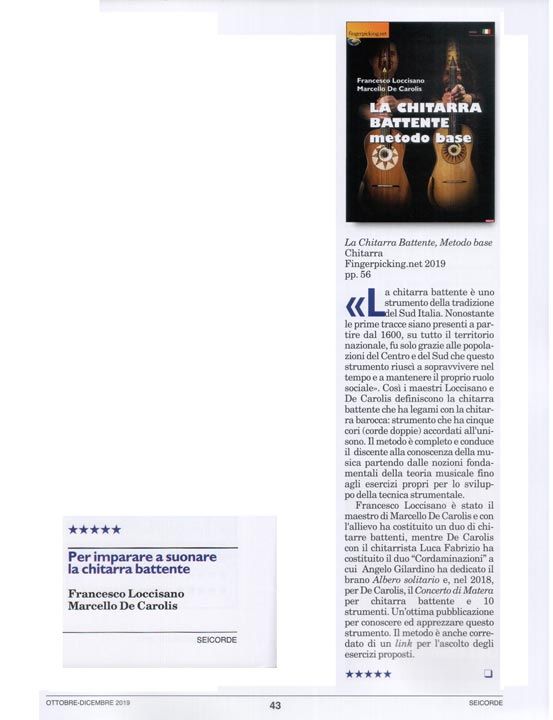 La recensione seicorde su la chitarra battente metodo base edito da fingerpicking.net e scritto da Marcello De Carolis e Francesco Loccisano