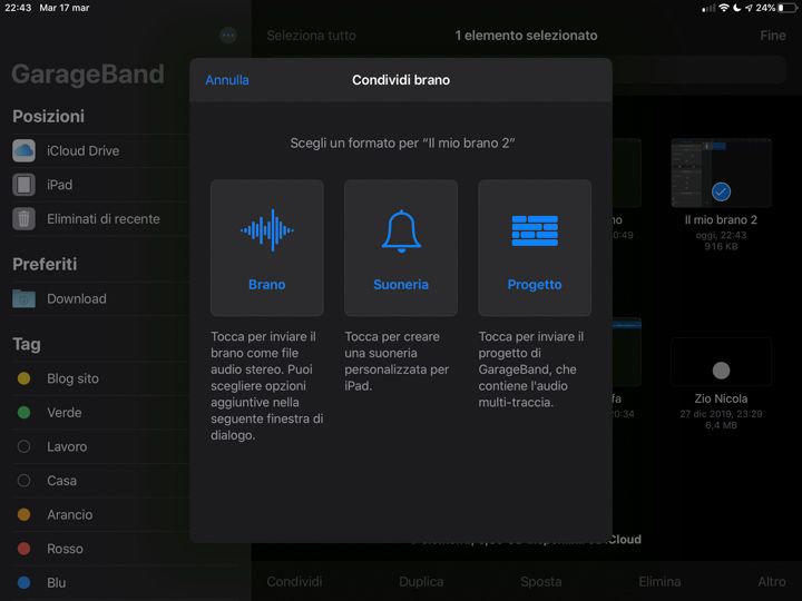 Condivisione del brano in garageband app ipad