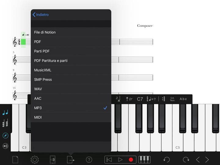 diversi formati di esportazione di partitura musicale in notion