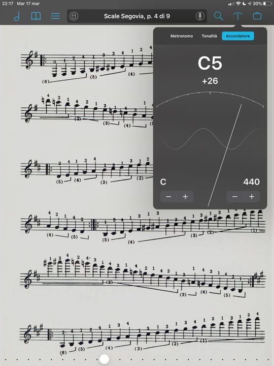 Accordatore di ForScore personalizzabile per frequenza tonalità e trasporto