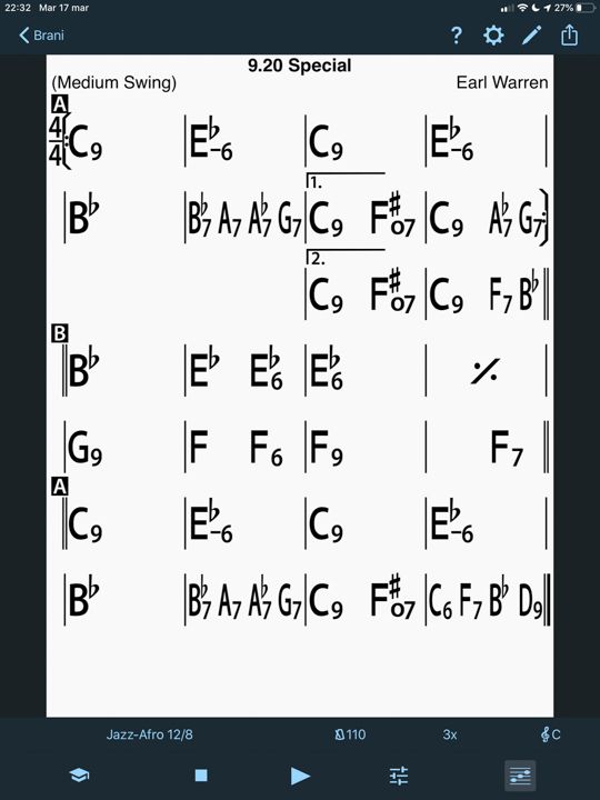 Visualizzazione partitura jazz in iReal Pro