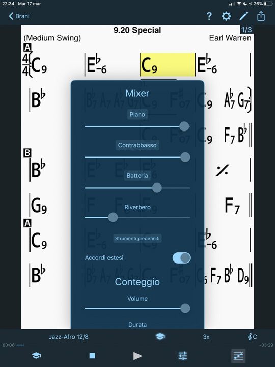 mixer in iReal Pro per scegliere il volume di piano basso e batteria