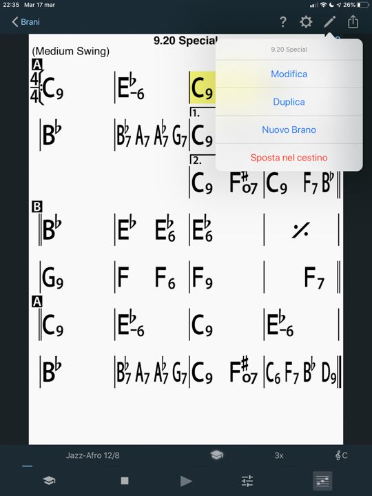 Modifica o creazione di un nuovo brano in iReal pro