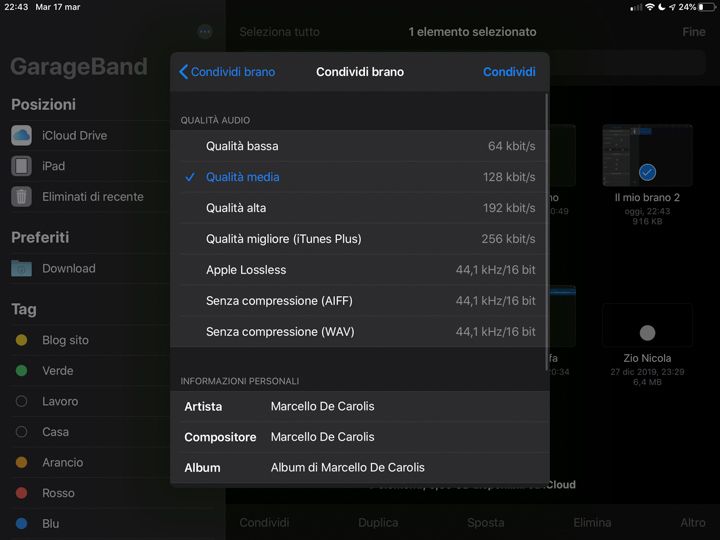 Scelta del formato di esportazione in garageband