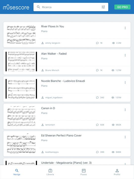 Scelta delle partiture nell' app iPad per musica musescore