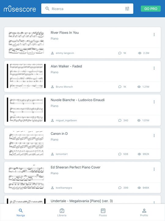 Scelta delle partiture nell' app iPad per musica musescore