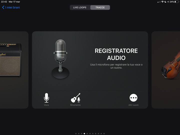 Selezione del tipo di traccia da registrare in garageband