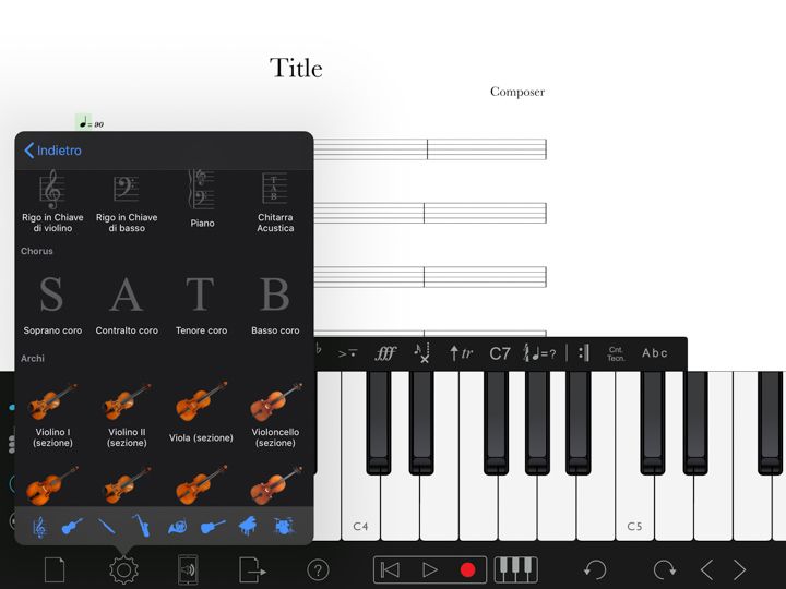 Strumenti musicali disponibili in Notion per comporre musica con ipad