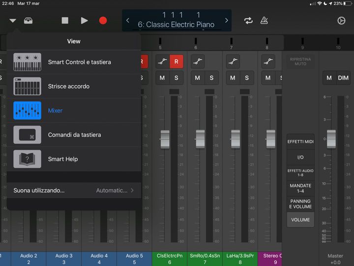 Scelta degli strumenti da visualizzare in logic remote per pilotare Logic Pro x sul mac