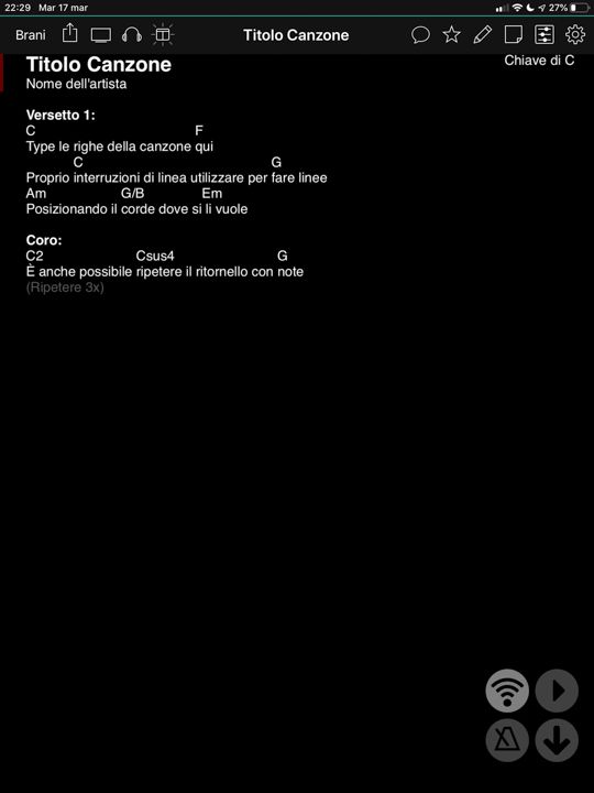 App onsong permette di visualizzare i testi con gli accordi