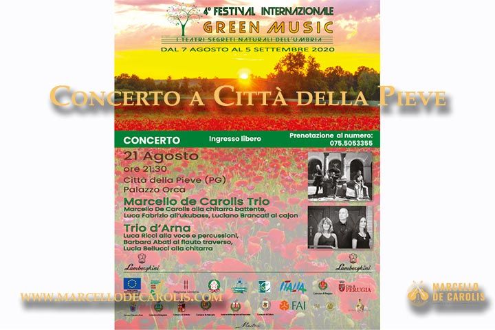 Concerto a Città della Pieve di Marcello De Carolis trio con chitarra battente ukubass e cajon per il festival internazionale Green Music