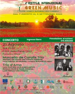 Concerto a città della Pieve di chitarra battente il 21 agosto di Marcello De Carolis trio per il festival internazionale Green Music