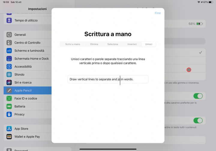 Unisci o dividi parole con apple pencil