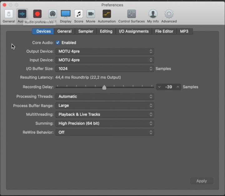 Buffer size di Logic Pro x