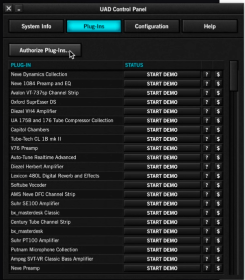 Bottone authorize plug-ins di universal audio