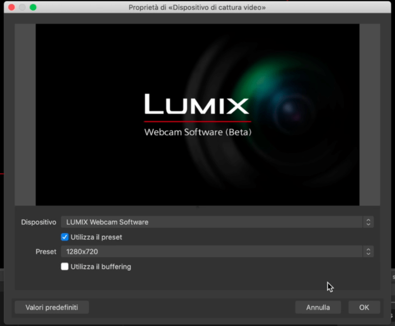 Impostare la Lumix come dispositivo di streaming in OBS