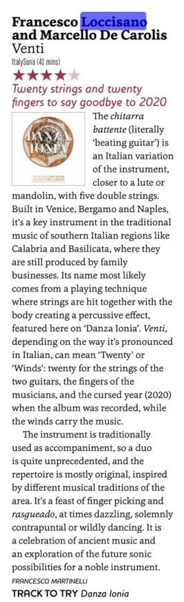 Recensione disco venti per duo di chitarra battente Marcello De Carolis e Francesco Loccisano