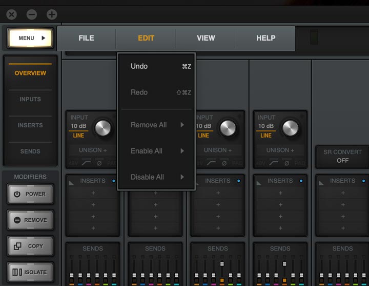 Menu edit di Console universal audio