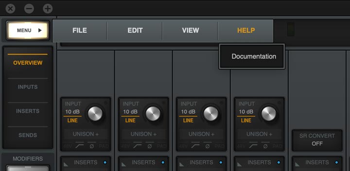 Menu help di Console universal audio