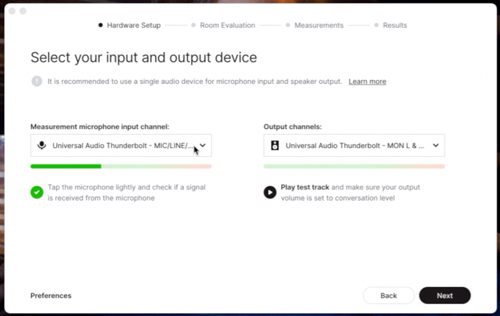 selezionare input e output per SoundID reference measure