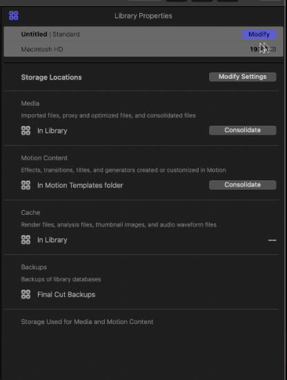 Modificare impostazioni della libreria di Final Cut