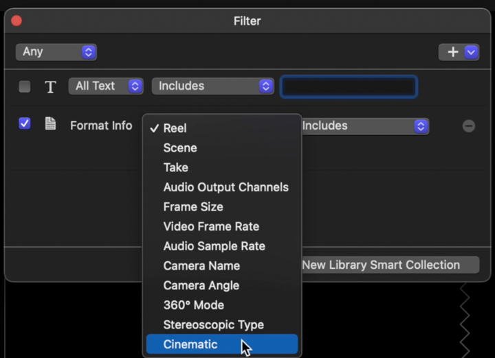 Selezionare cinematic per la ricerca in Final Cut