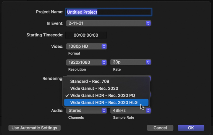 Wide gamut HDR Rec. 2020 HLG