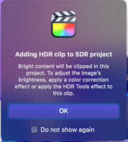 Avviso aggiunta video HDR in progetto SDR