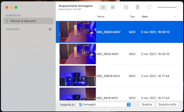 importare video iPhone da acquisizione di immagine