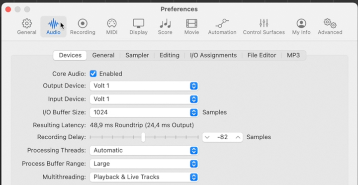 Impostare la Volt Universal Audio nelle preferenze di Logic